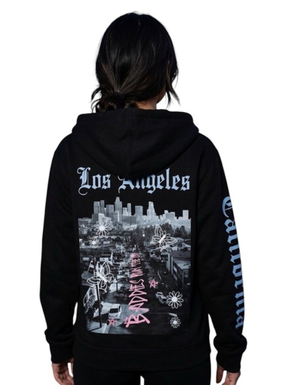 Persaya Black LA Graphic Print Full Zip Hooded Hipster Jacket Size XS